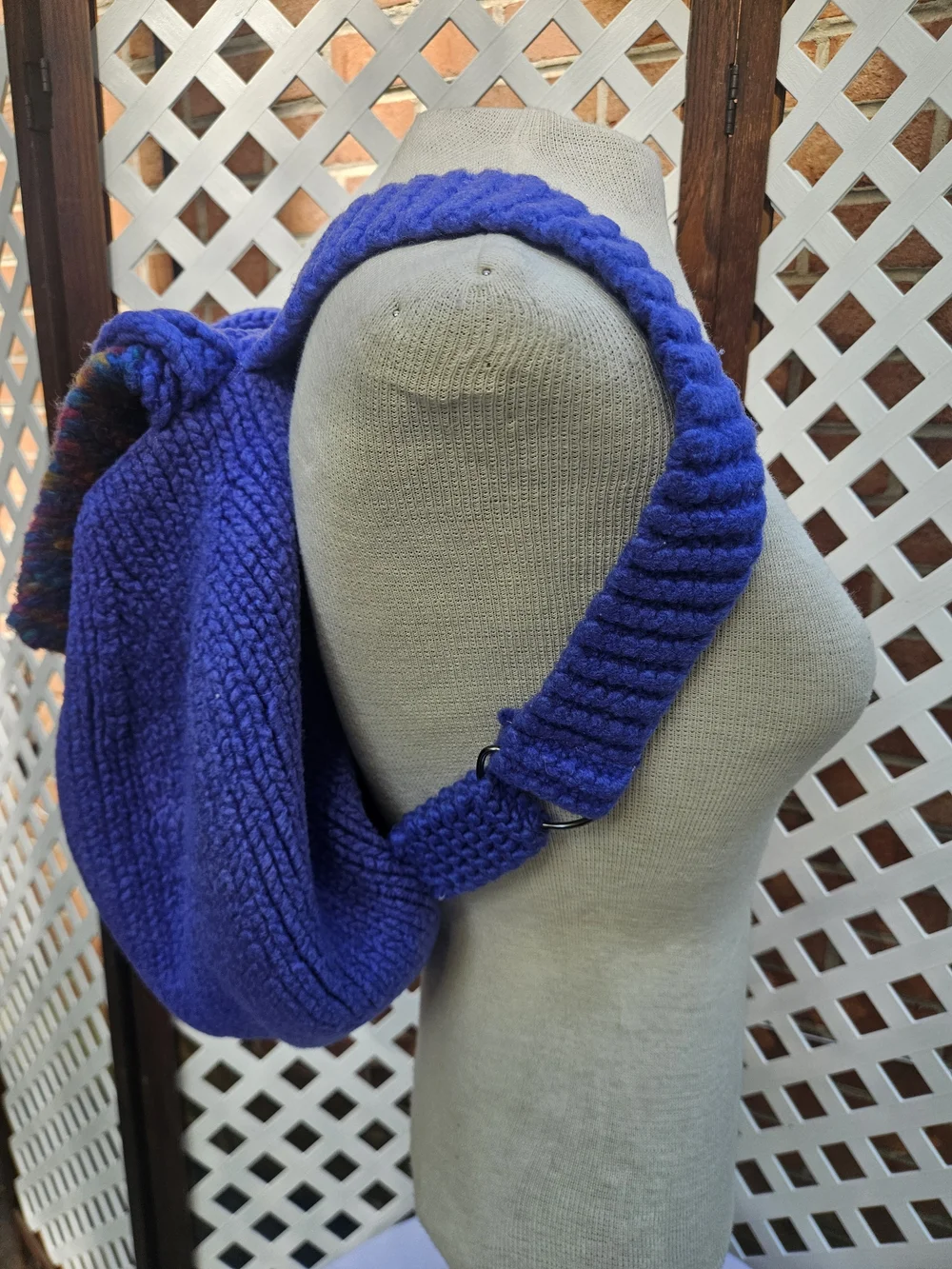 Handmade Tight Knit Backpack in Royal Purple with Multicolor Flap & Button Close